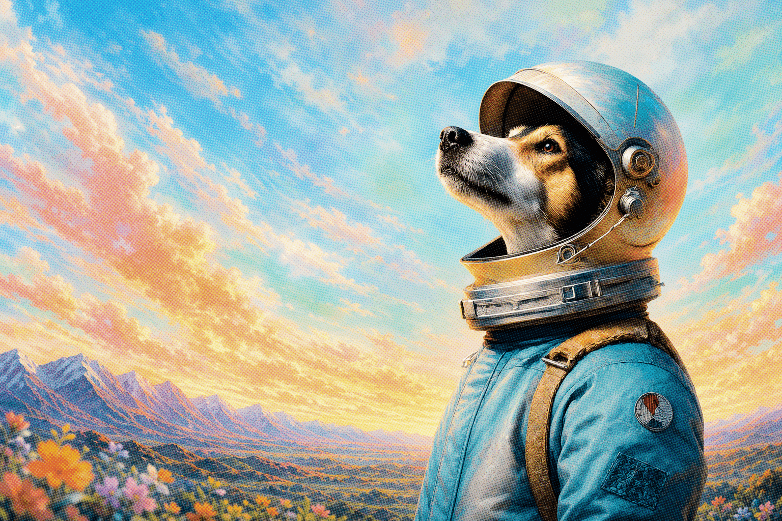 Fred, en hund i astronautdrakt, ser opp mot en lys himmel
