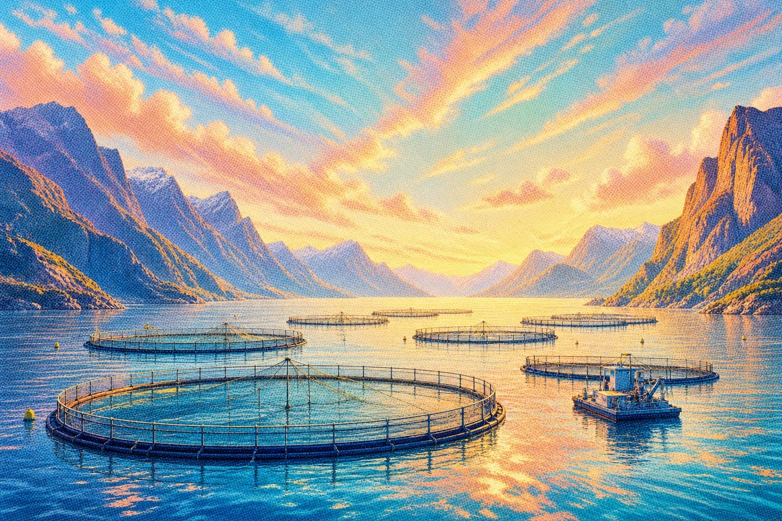 Oppdrettsanlegg i en norsk fjord ved solnedgang